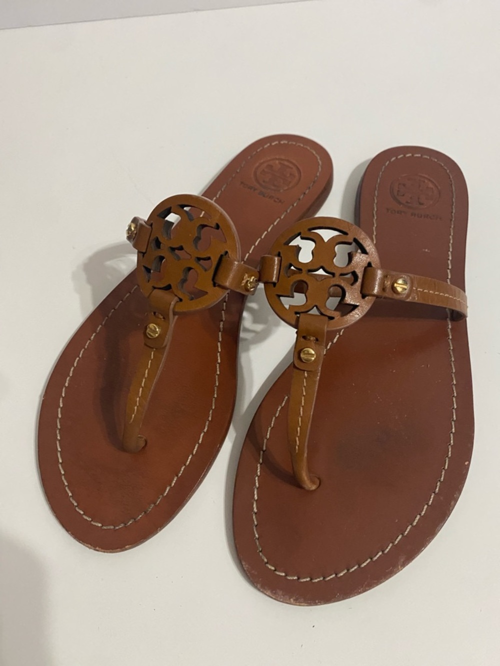 Tory Burch Brown Leather Miller Logo Thong Sandals